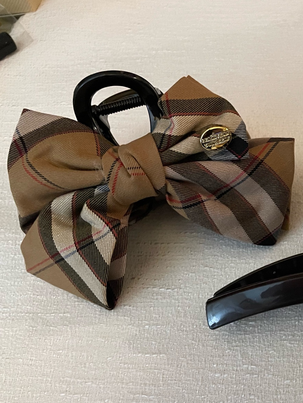 Plaid Bow Hair Clip, Brown Tortoiseshell Claw & Tweed Pearl Clip Set